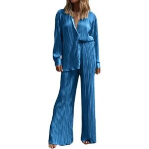 Lilyful Blue Plisse Pleated 2 Piece Set Long Sleeve Button Down Wide Leg Pants
